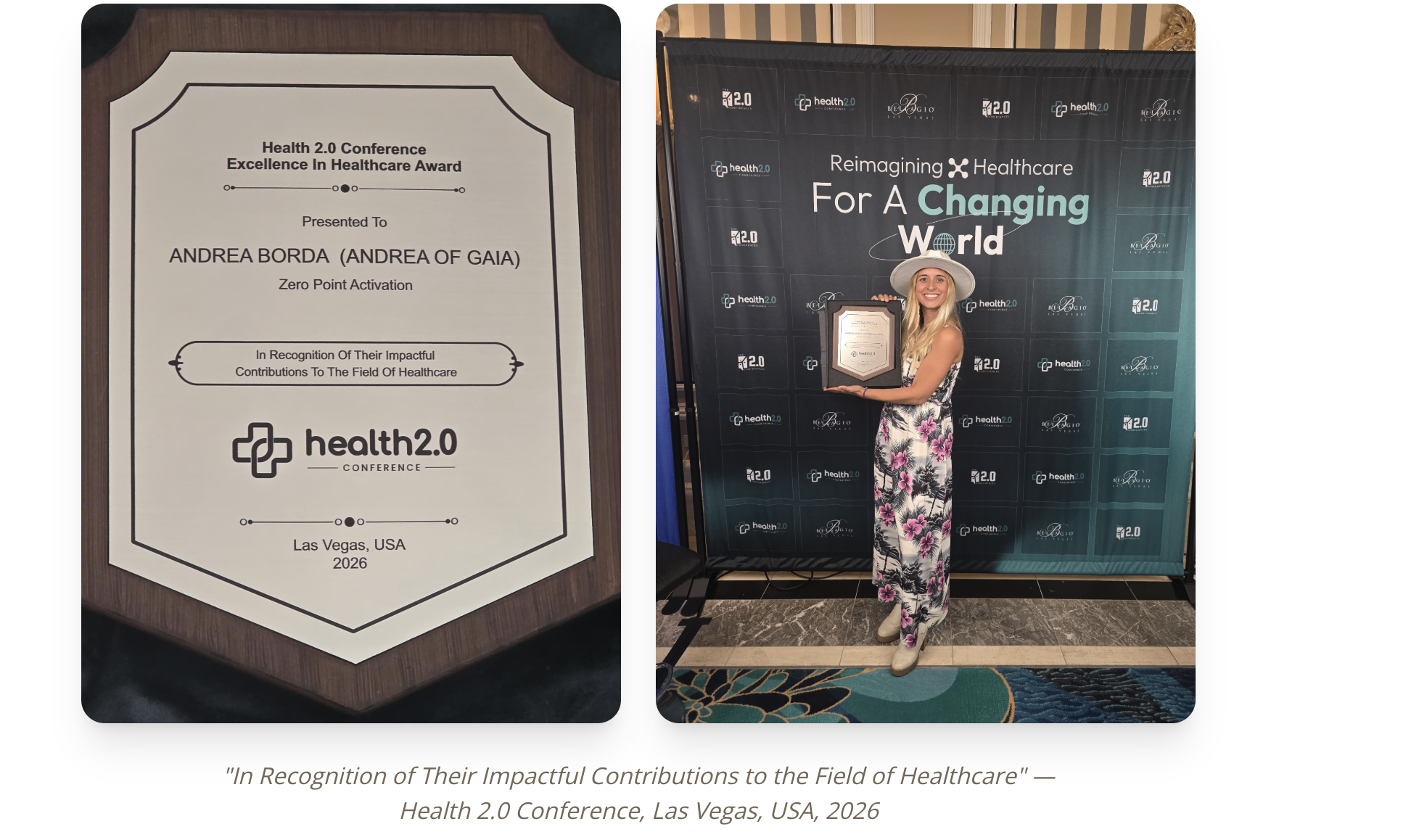 Andrea Borda holding the Health 2.0 Conference Excellence in Healthcare Award plaque, Las Vegas 2026