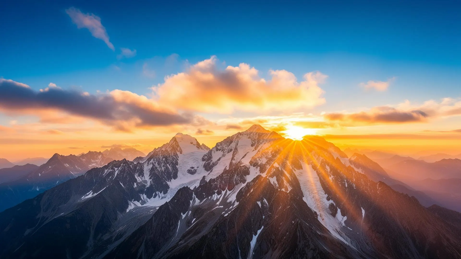Vivid mountain sunrise with snow-capped peaks, golden sun rays beaming over the ridges, and an open blue sky — the energy of a powerful new beginning